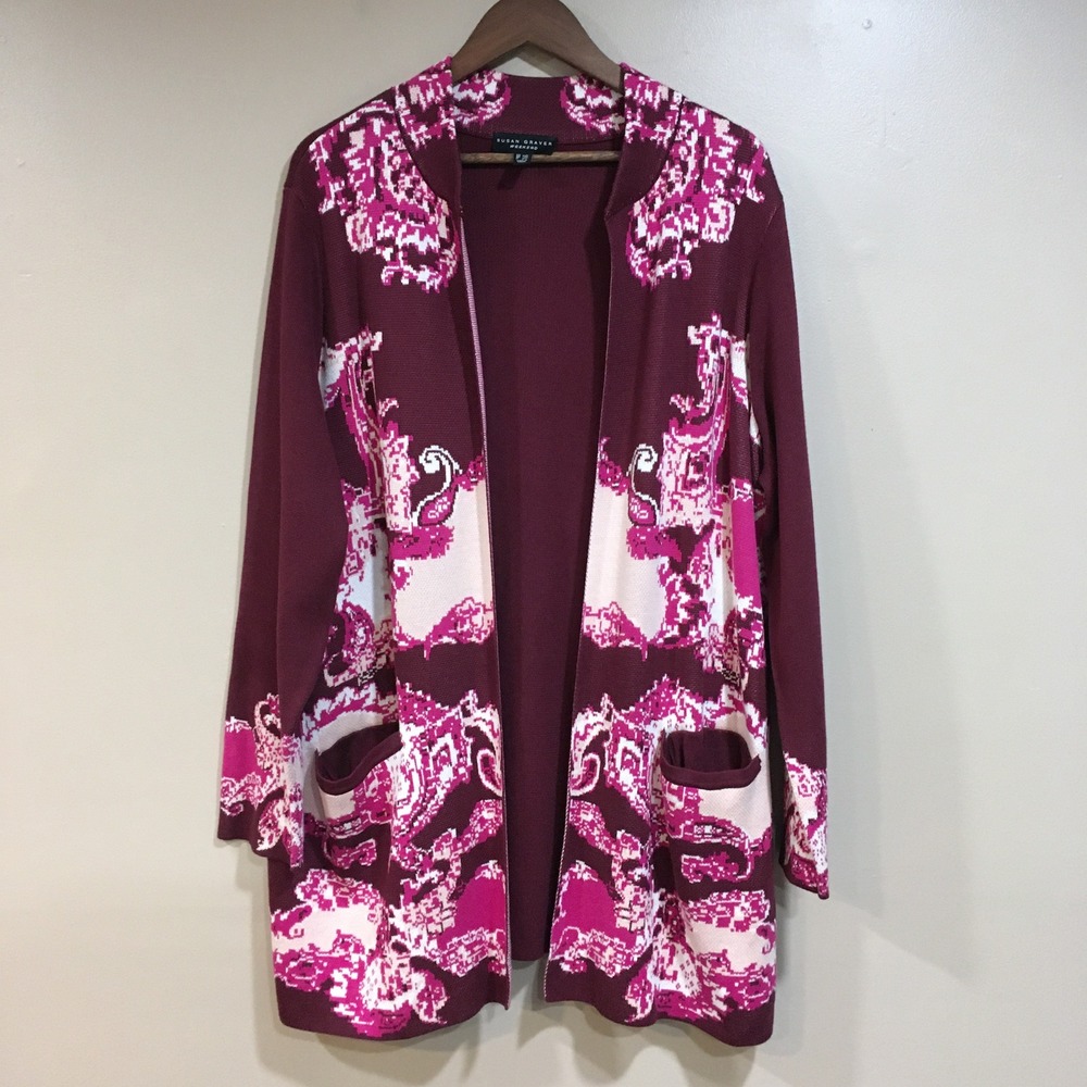 Susan Graver Weekend Long Cardigan Sweater Womens 1X Burgundy Red Artsy Eclectic